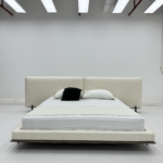 Beige Fabric Split Headboard Bed Sleek Metal Base Modern Minimalist Design
