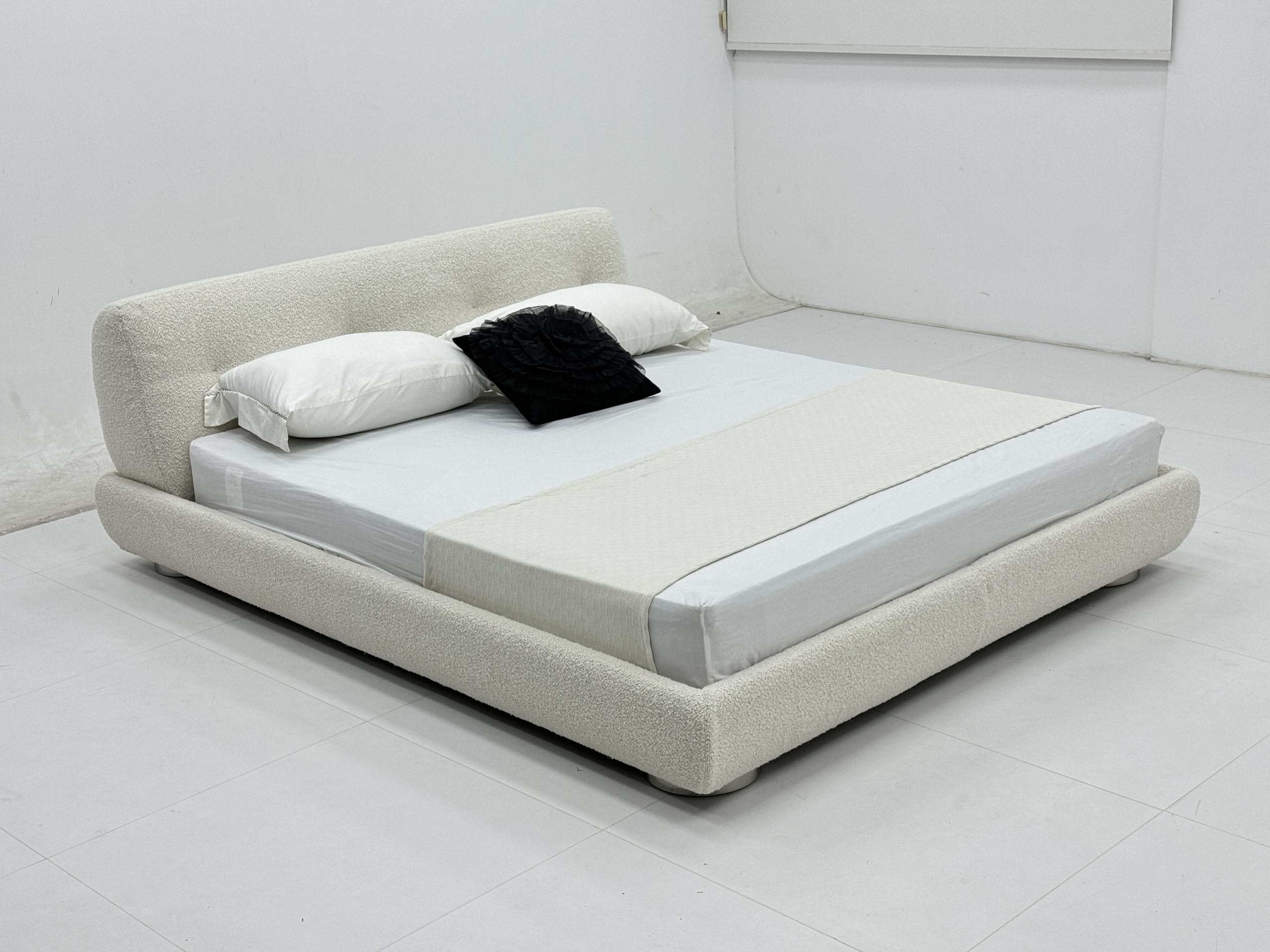 Cream Boucle Upholstered Bed Curved Frame Design with Plush Comfort