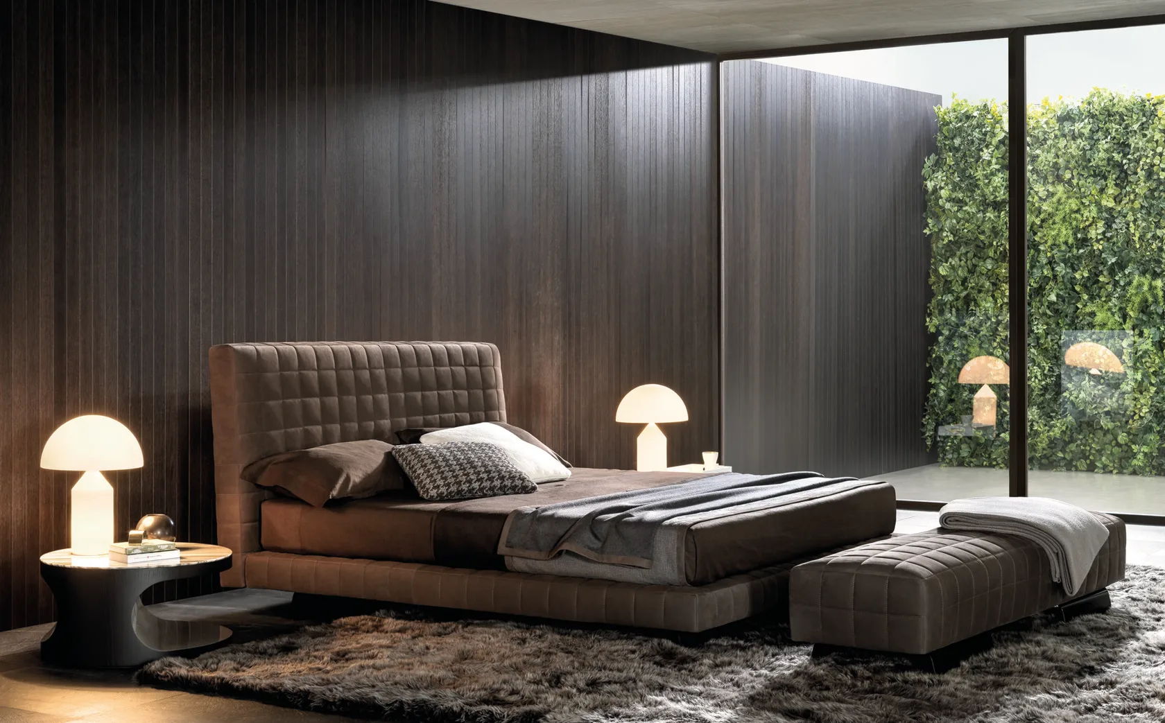 Chocolate Quilted Upholstered Bed Matching Ottoman Modern Luxe Design