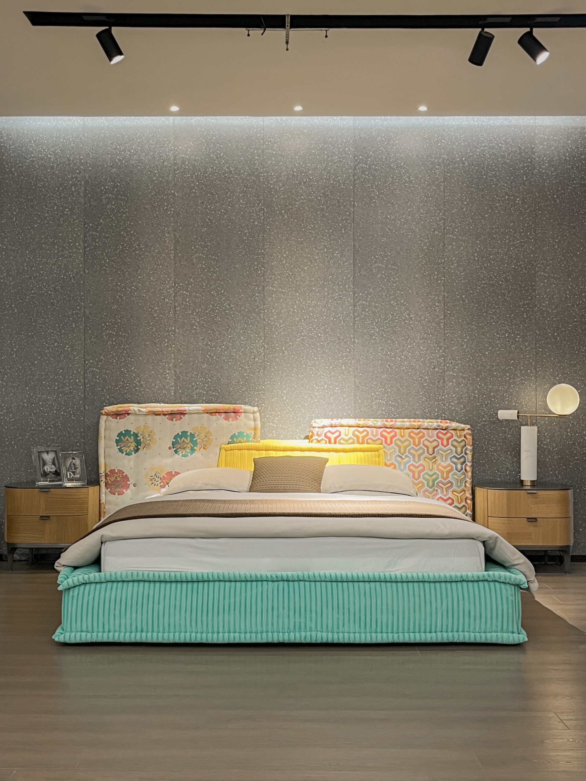 Colorful Patterned Headboard Bed Turquoise Corduroy Base Vibrant Design