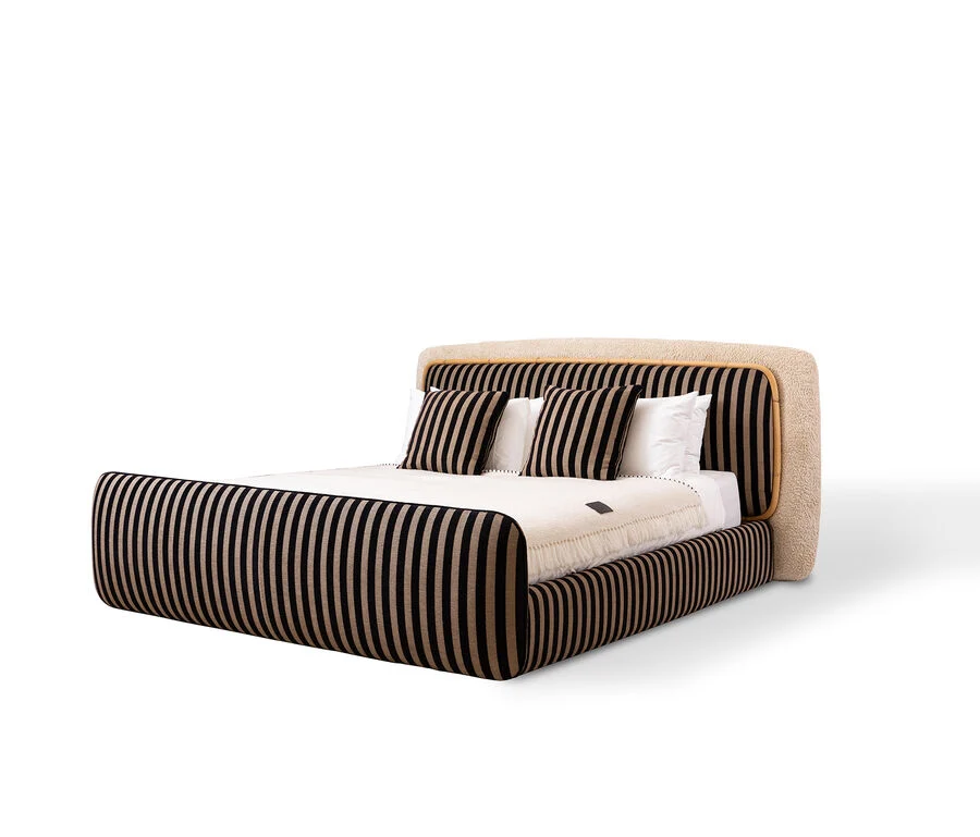 Velvet Striped Upholstered Bed Plush Modern Statement Piece with Contrast Accents