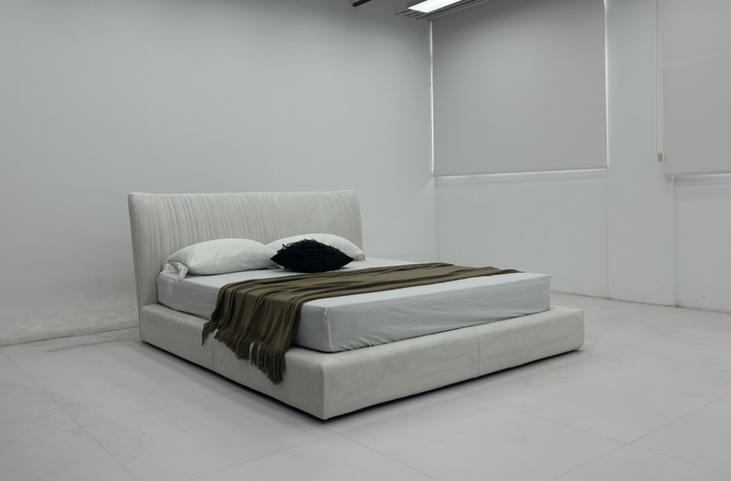 White Ribbed Leather Bed Sleek Low Profile Modern Minimalist Design