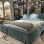 Teal Velvet Upholstered Bed Plush Headboard Modern Coastal Luxe Design
