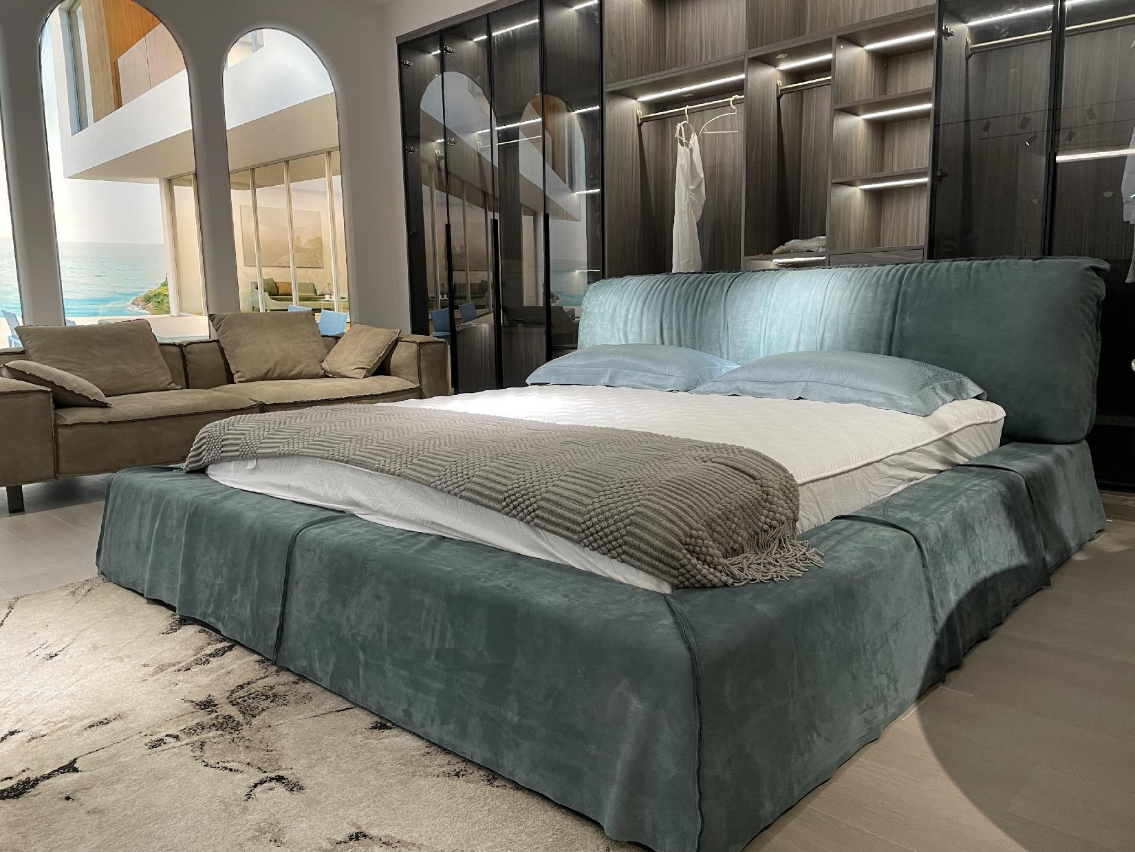 Teal Velvet Upholstered Bed Plush Headboard Modern Coastal Luxe Design