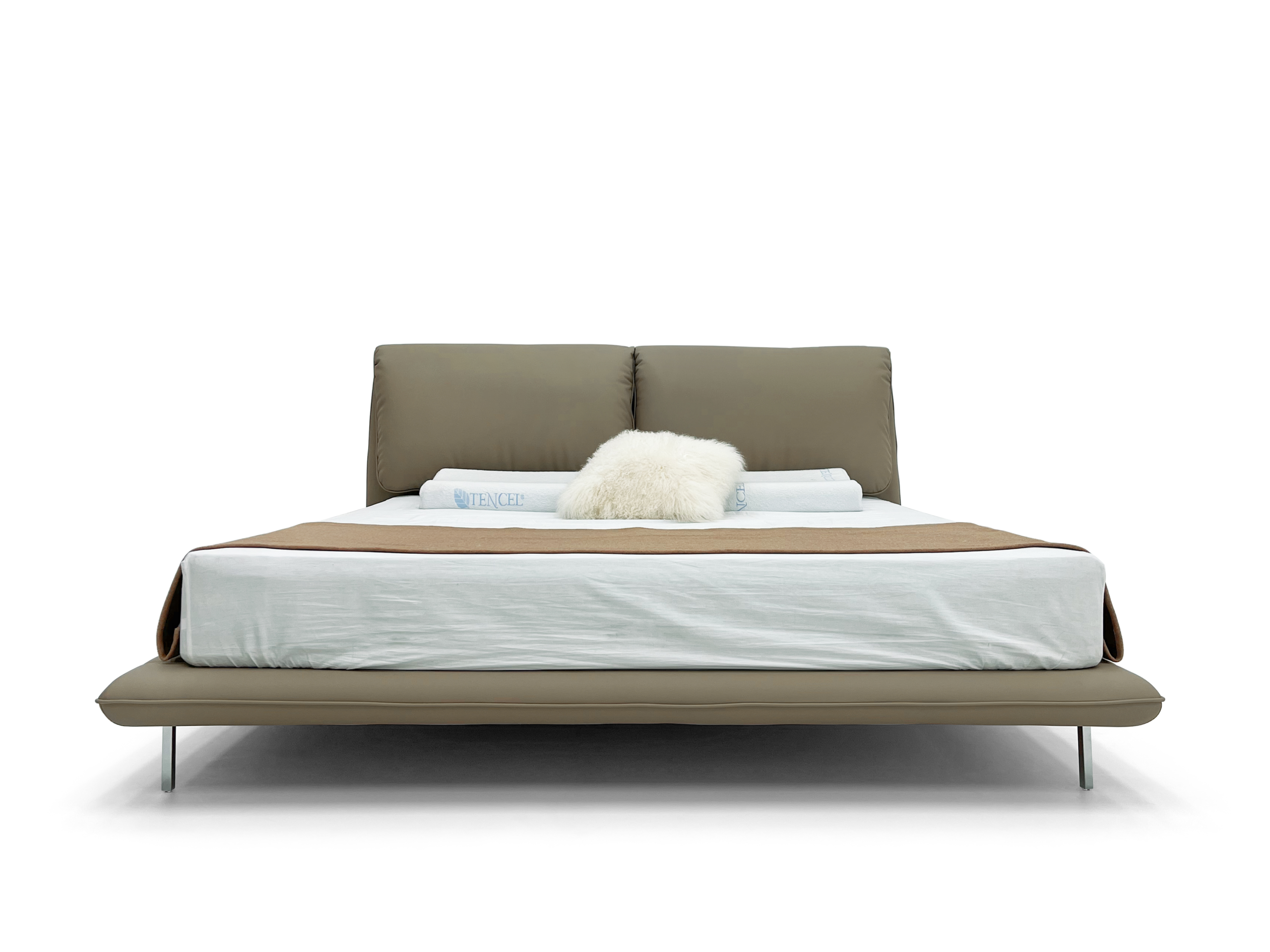 Olive Leather Platform Bed Split Headboard Sleek Minimalist Modern Design
