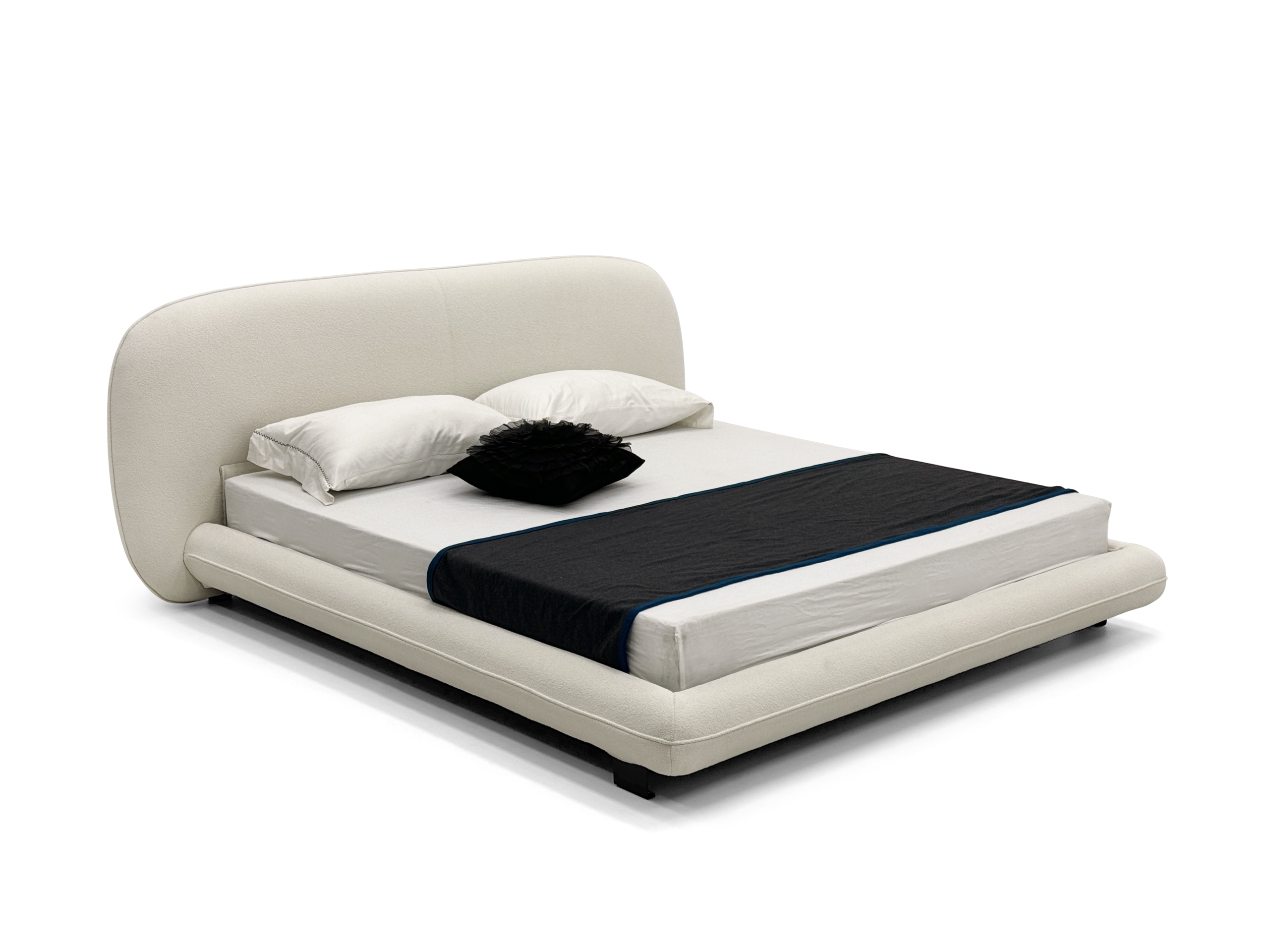 Cream Upholstered Curved Headboard Bed Low-Profile Modern Cozy Design