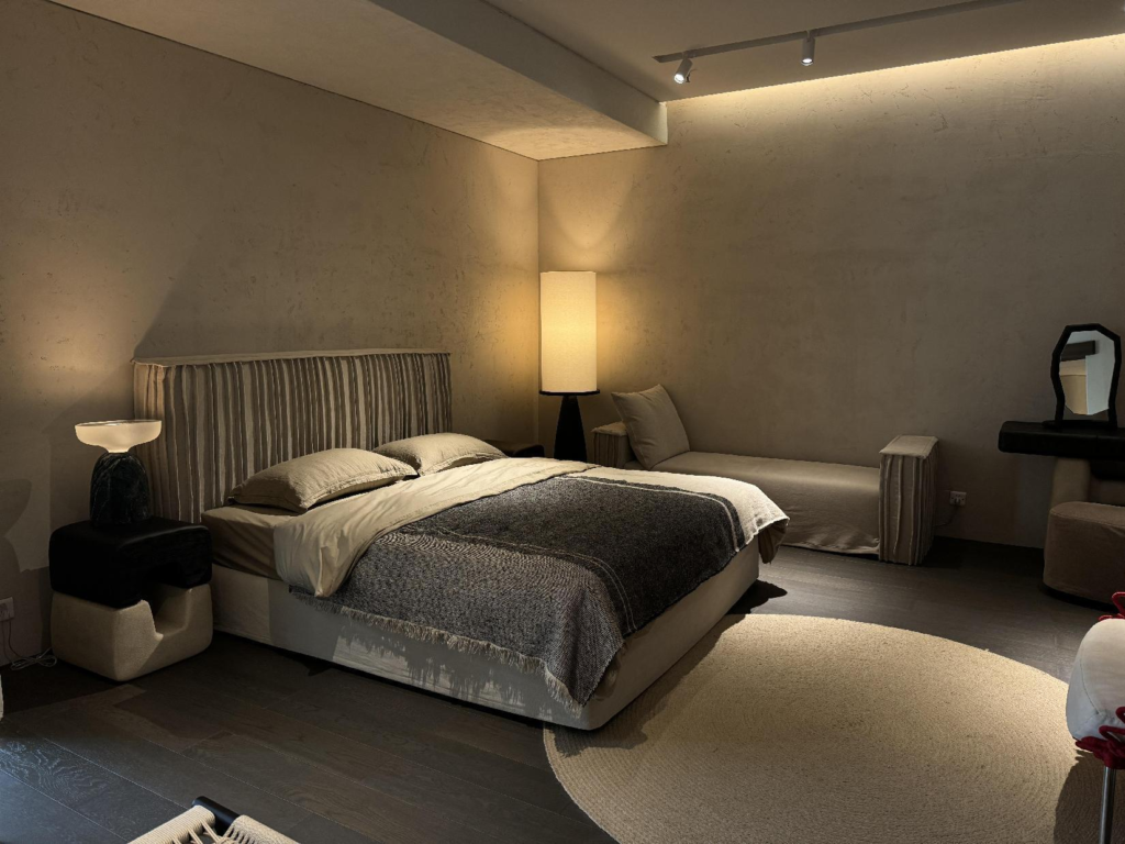 Textured Paneled Upholstered Bed Minimalist Neutral Toned Bedroom Centerpiece