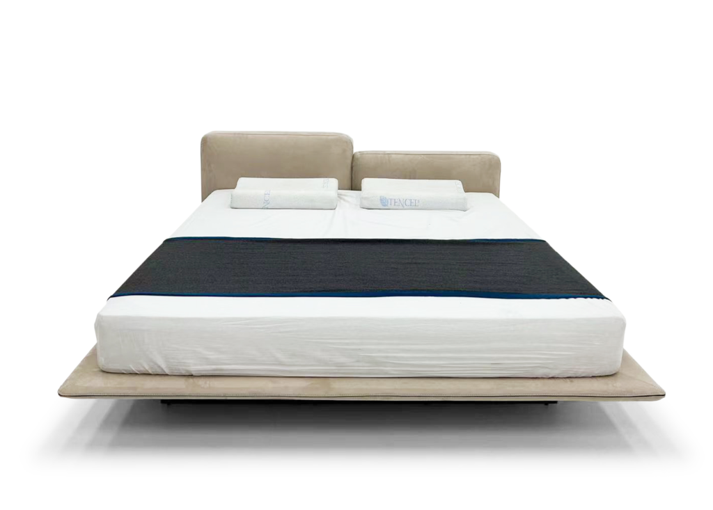 Beige Leather Split Headboard Bed Low-Profile Modern Minimalist Design