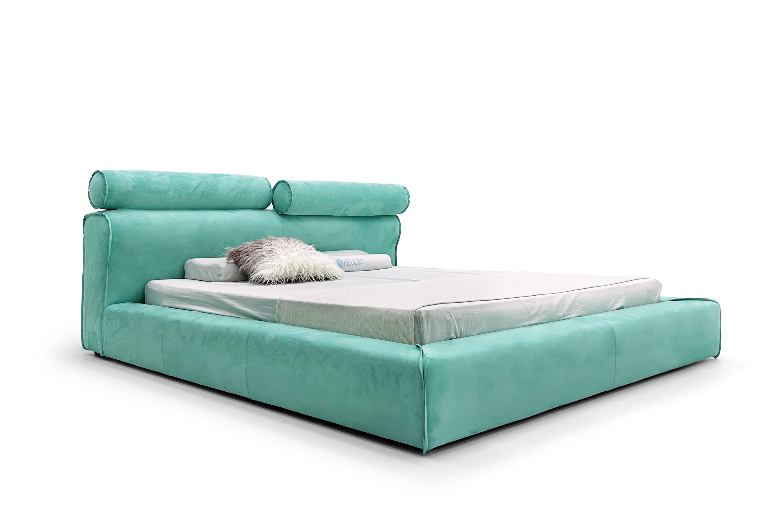 Turquoise Velvet Rolled-Headboard Bed Plush Modern Statement Design