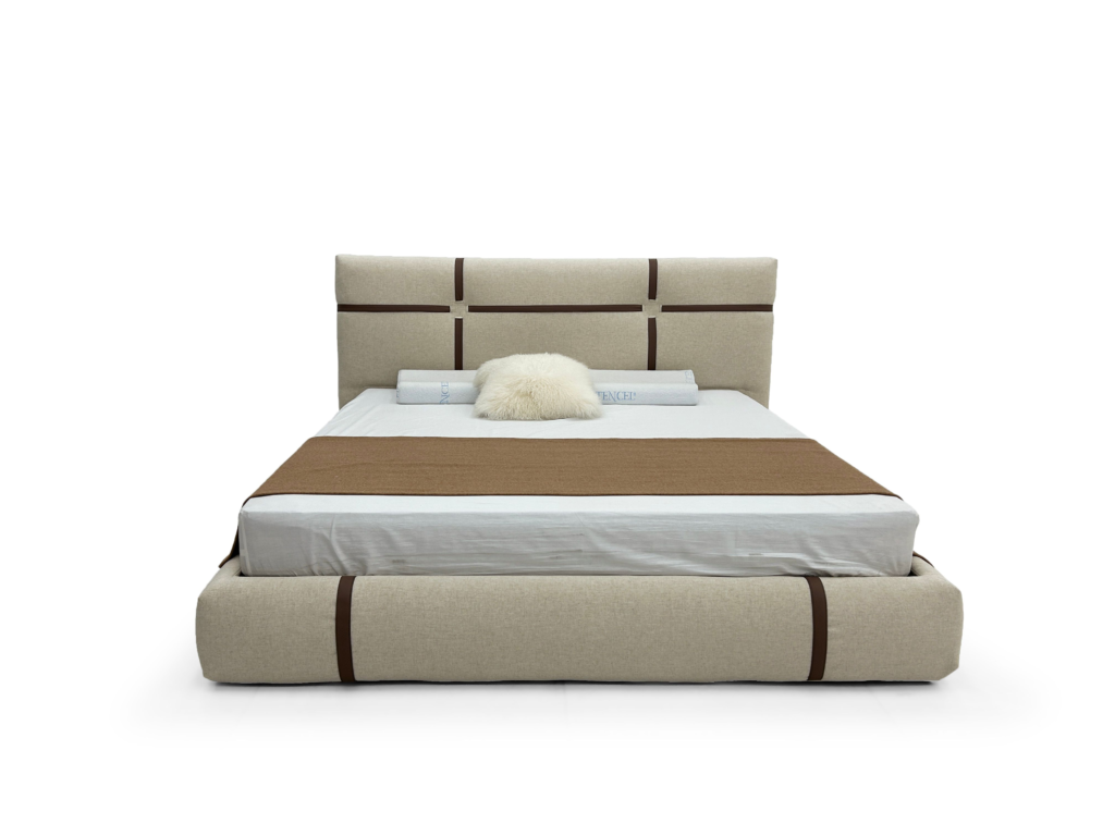 Beige Fabric Bed With Brown Accent Straps Modern Textured Design