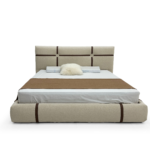 Beige Fabric Bed With Brown Accent Straps Modern Textured Design