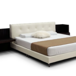 Cream Leather Bed With Dark Wood Accent Bench Modern Cozy Set