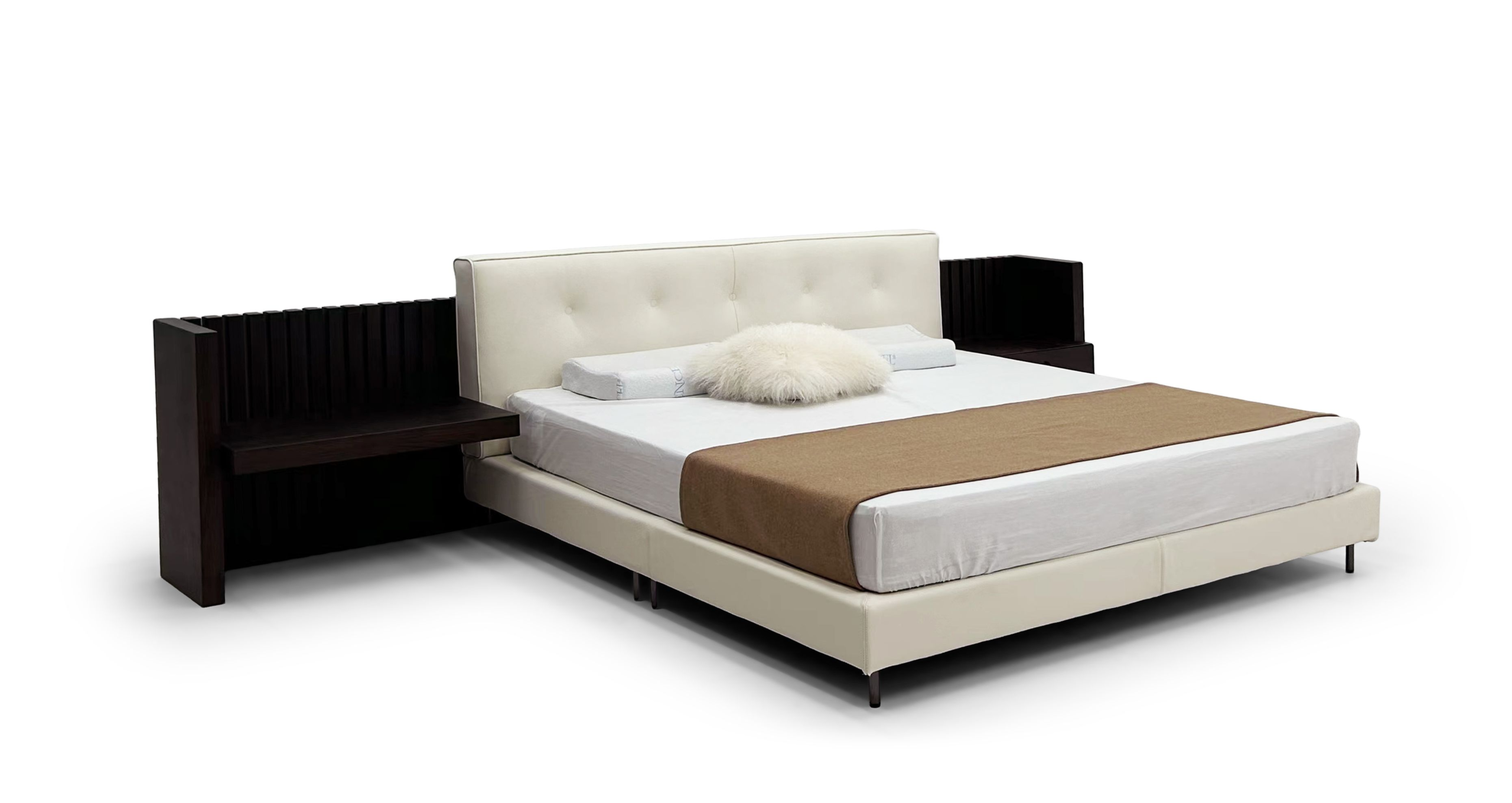 Cream Leather Bed With Dark Wood Accent Bench Modern Cozy Set