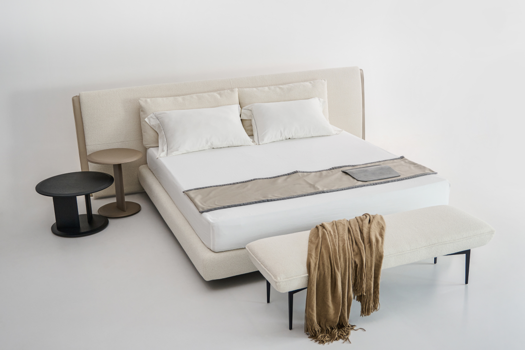 Beige Fabric Bed With Matching Bench Modern Minimalist Set