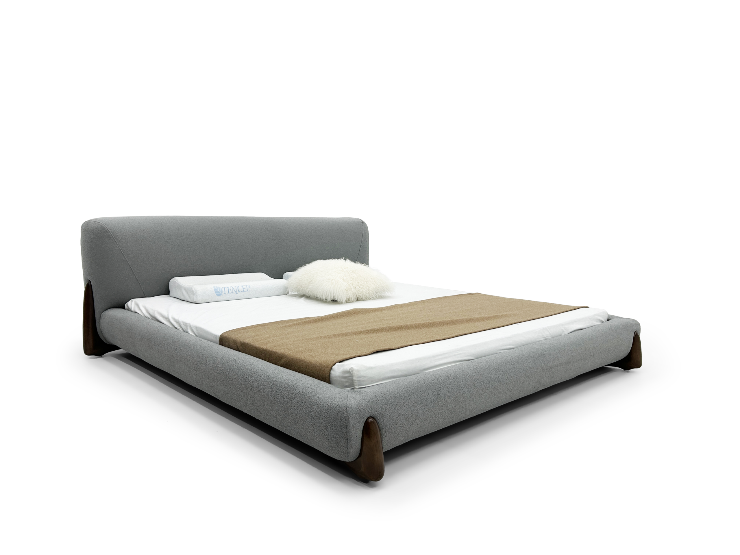 Gray Fabric Bed With Curved Headboard Wood Accent Legs Modern Cozy