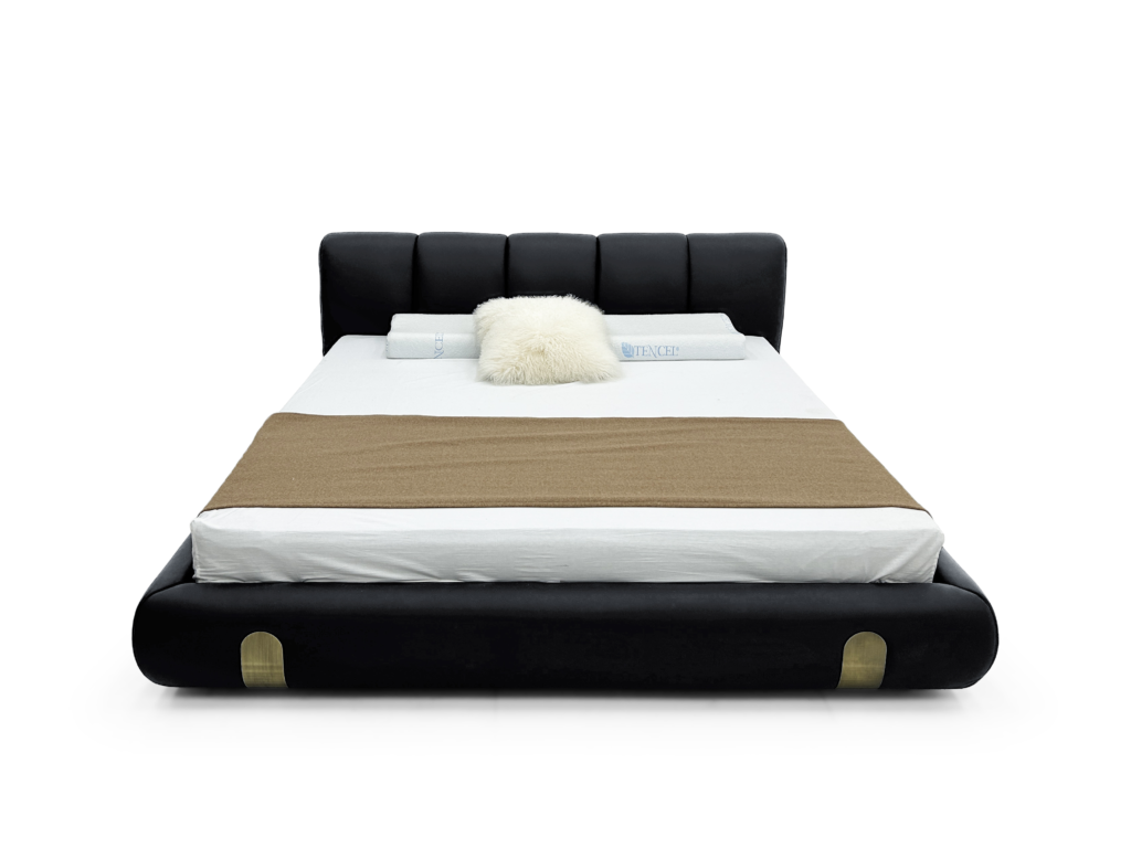Black Tufted Leather Bed With Brass Accents Modern Luxe Design