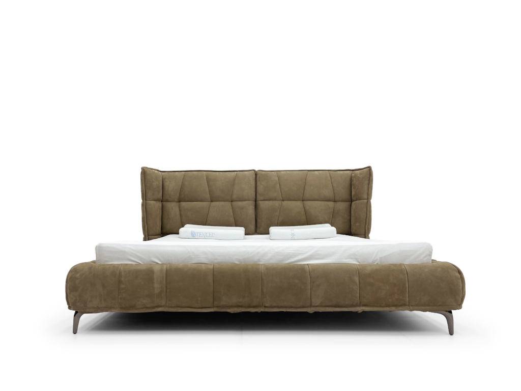 Brown Tufted Suede Bed With Wingback Headboard Modern Plush Design
