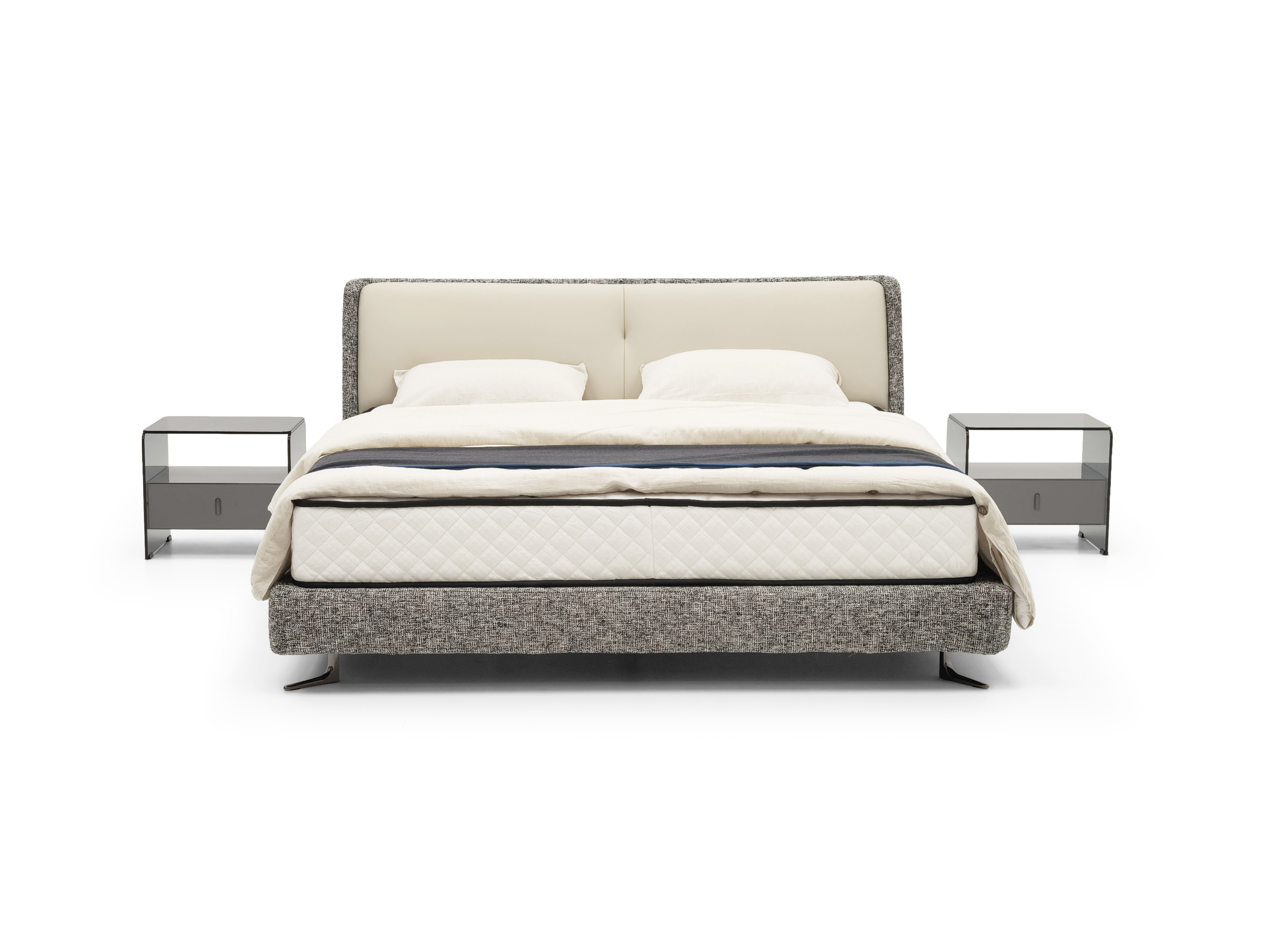 Gray Fabric Bed Set With Contrast Headboard Modern Nightstands