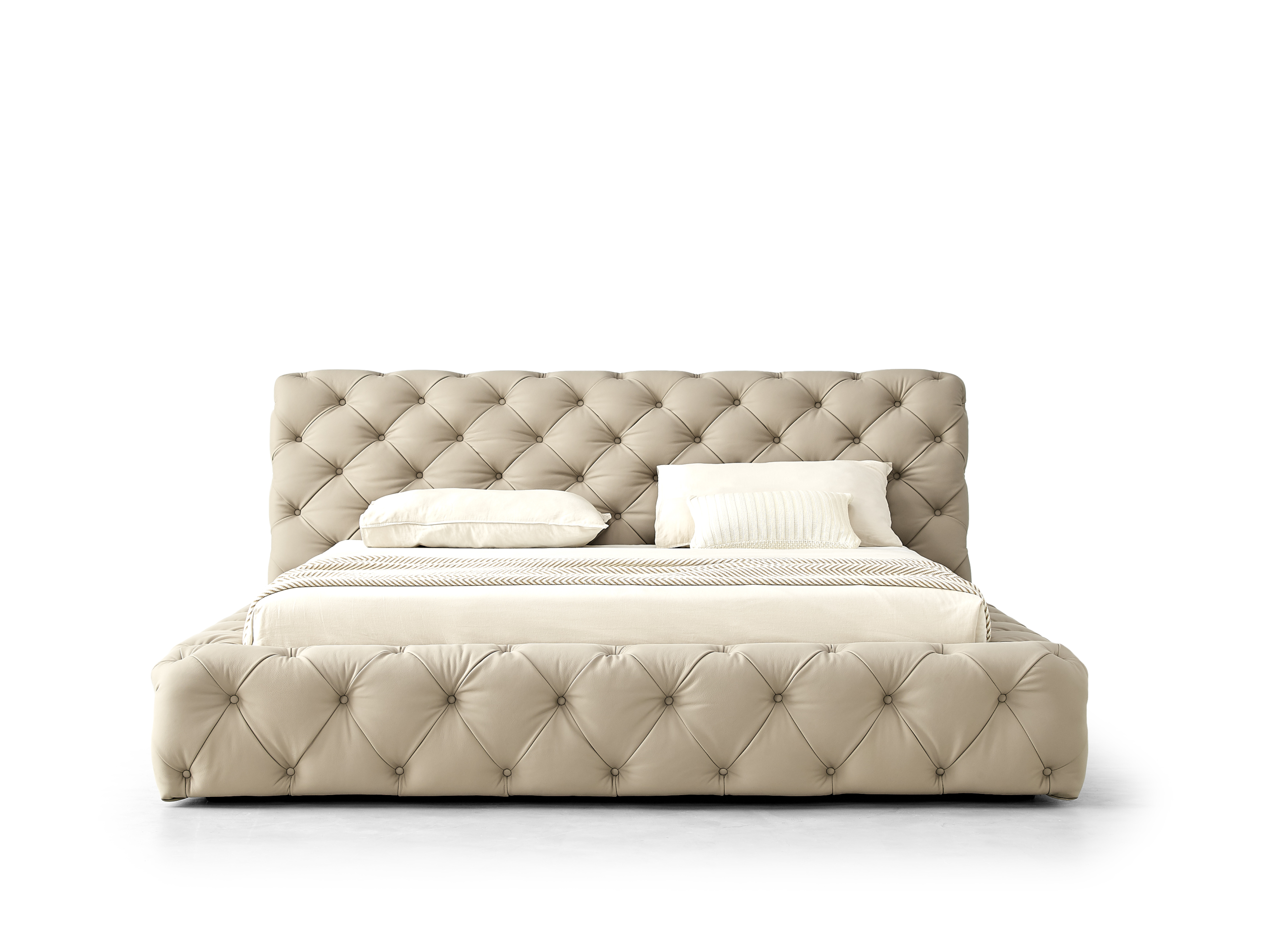 Beige Tufted Leather Bed Button-Tufted Headboard Luxe Classic Design