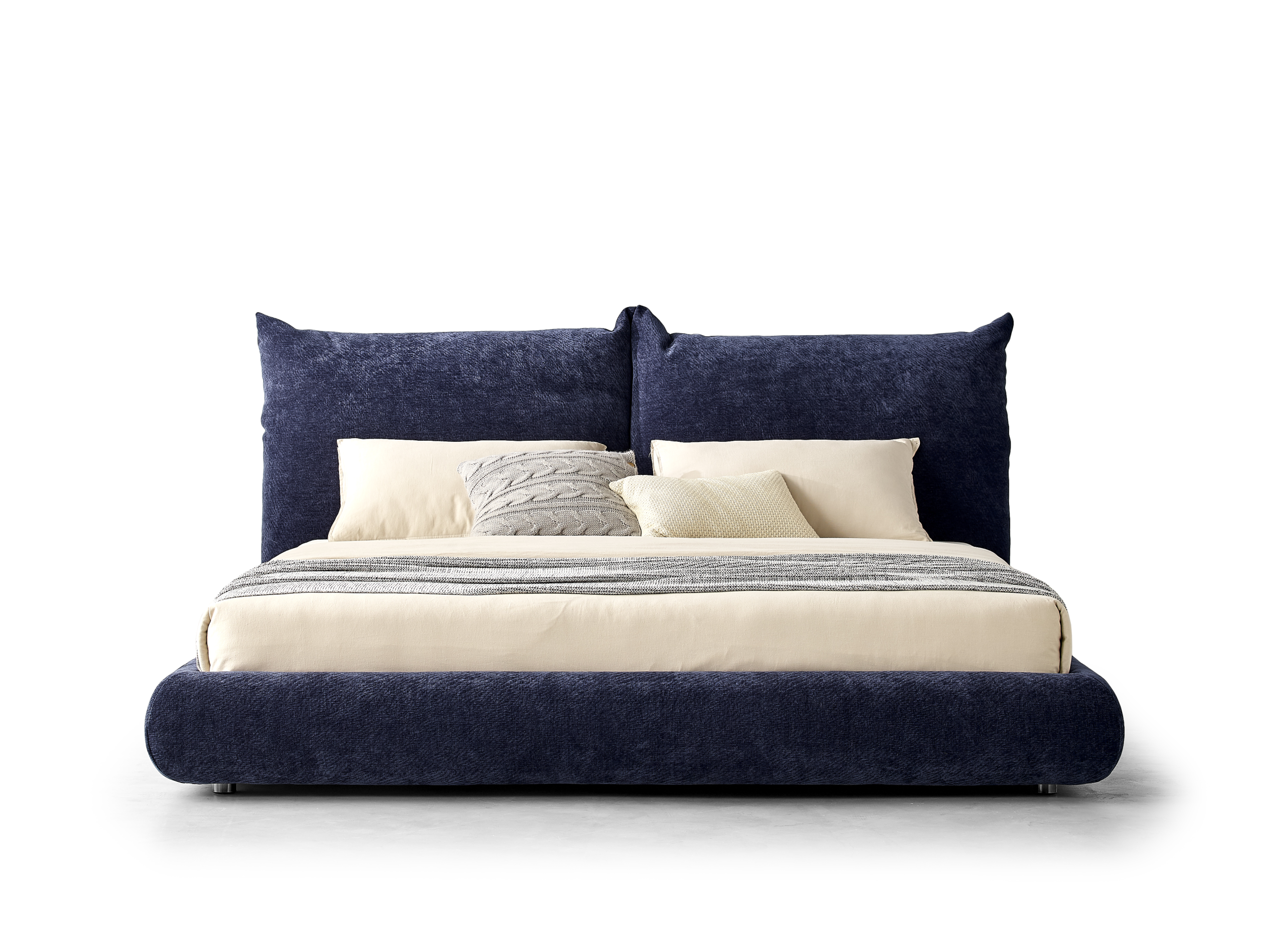 Navy Velvet Bed Oversized Cushioned Headboard Cozy Modern Contrast Design