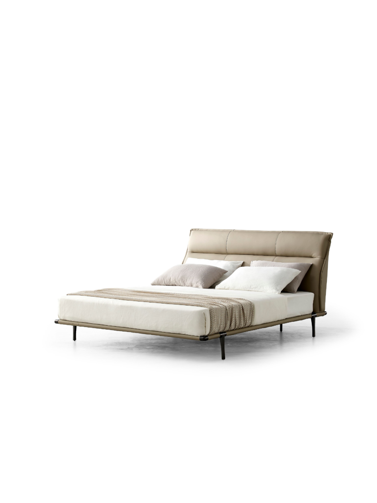 Beige Leather Bed Sleek Black Metal Legs Minimalist Modern Elegant Design