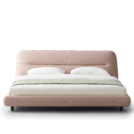Blush Pink Leather Bed Curved Upholstered Headboard Soft Minimalist Elegant Design