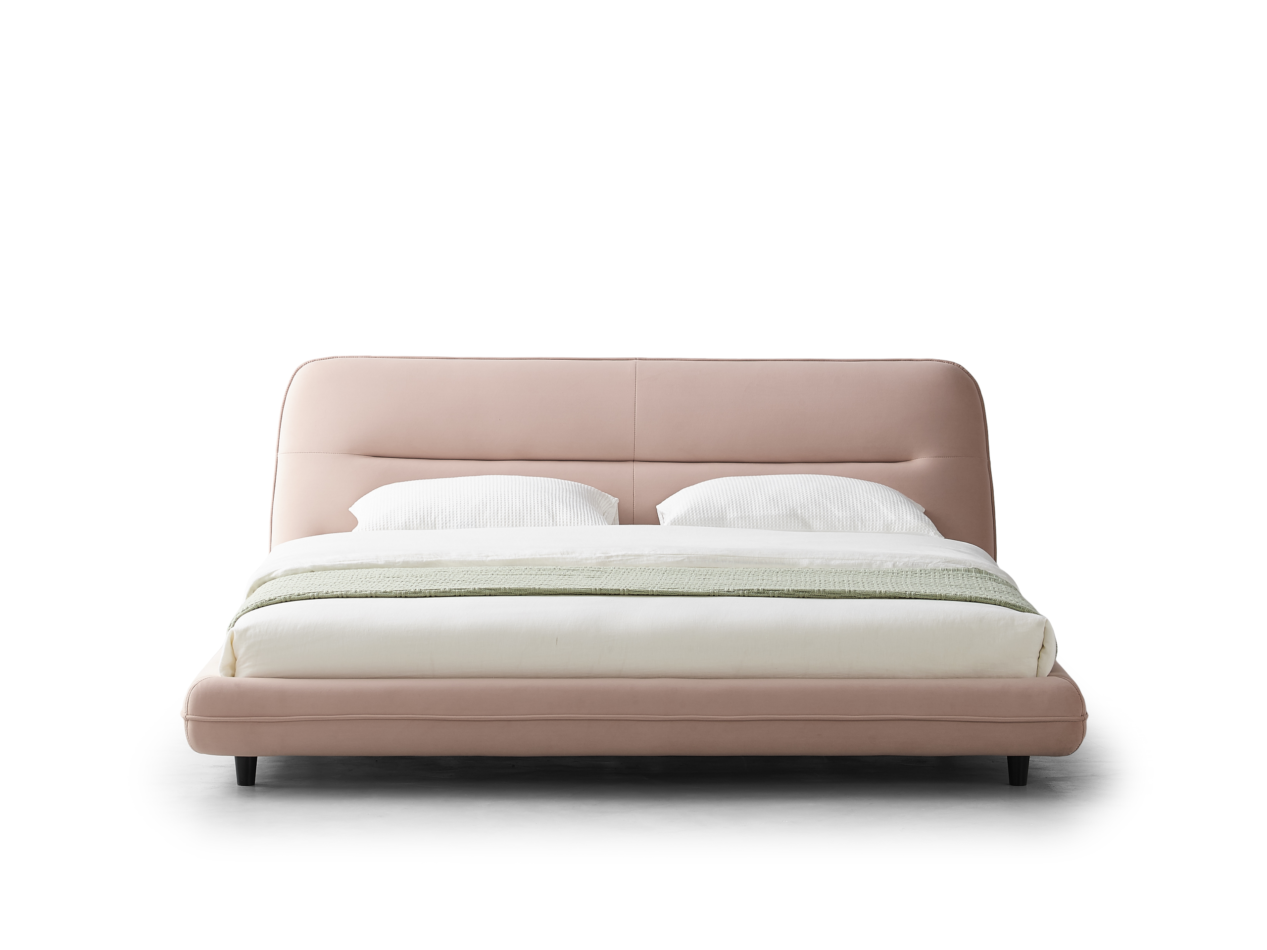 Blush Pink Leather Bed Curved Upholstered Headboard Soft Minimalist Elegant Design