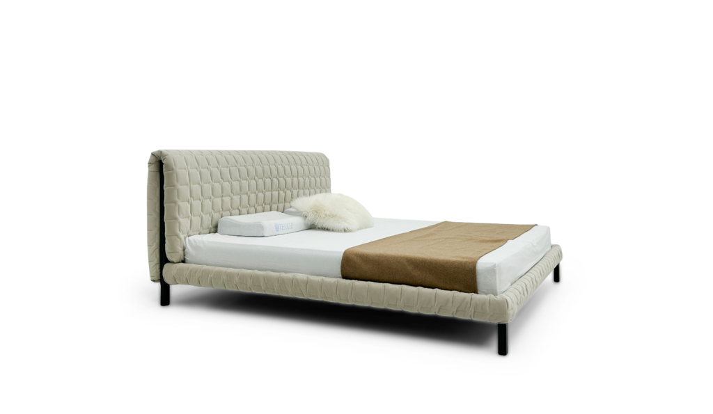 Beige Quilted Fabric Bed Tufted Headboard Modern Minimalist Cozy Design