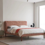 Rust Pink Tufted Velvet Bed Textured Headboard Wooden Legs Modern Luxe Design