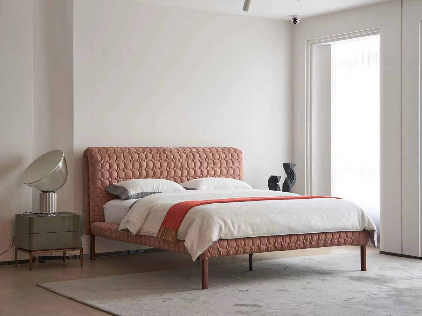 Rust Pink Tufted Velvet Bed Textured Headboard Wooden Legs Modern Luxe Design