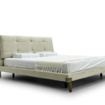 Beige Tufted Velvet Bed Panel Headboard Bronze-Accent Legs Modern Elegant Design