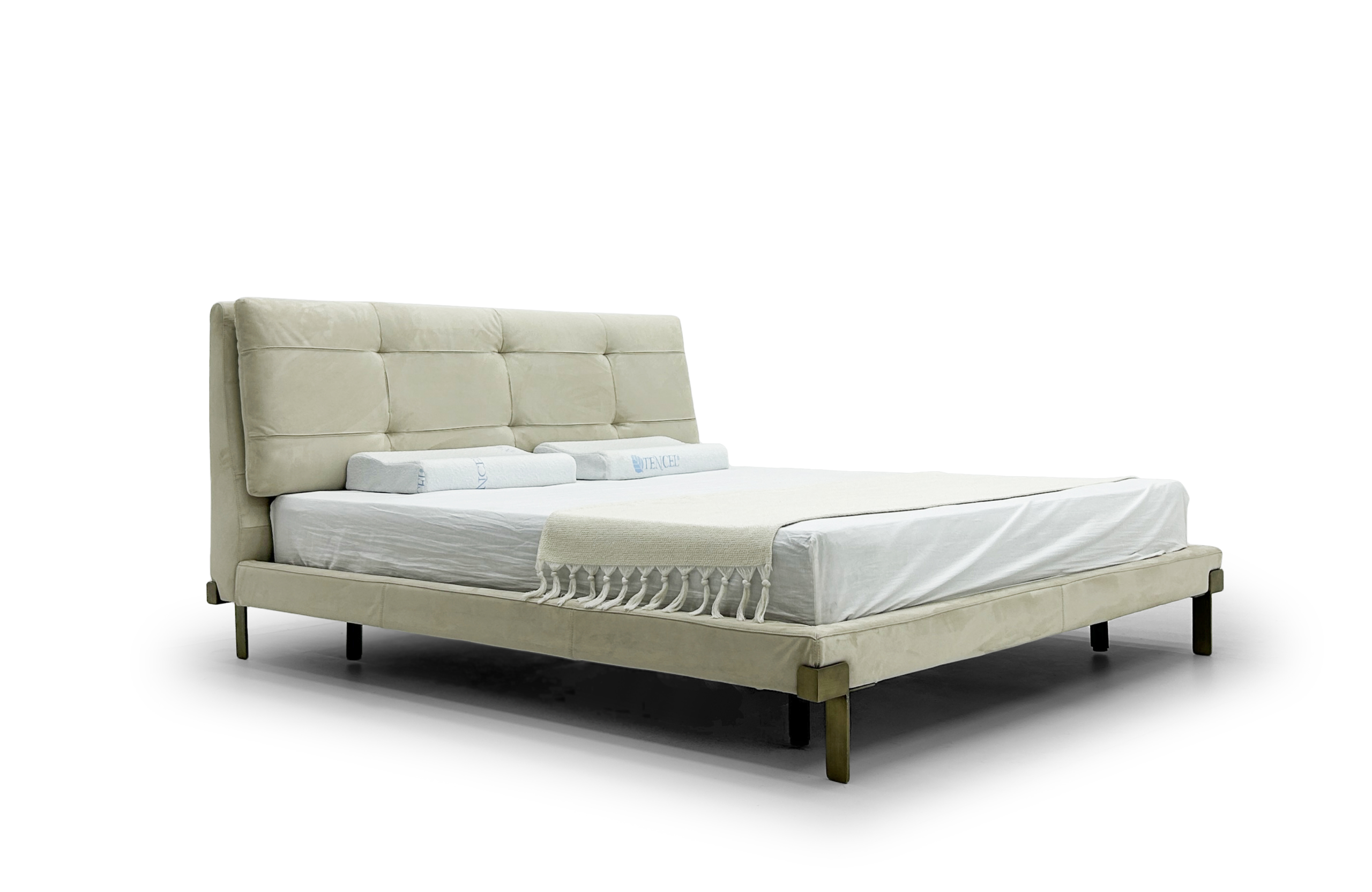 Beige Tufted Velvet Bed Panel Headboard Bronze-Accent Legs Modern Elegant Design