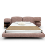 Blush Boucle Bed with Side Tables Integrated Storage Gold-Accent Modern Cozy Design