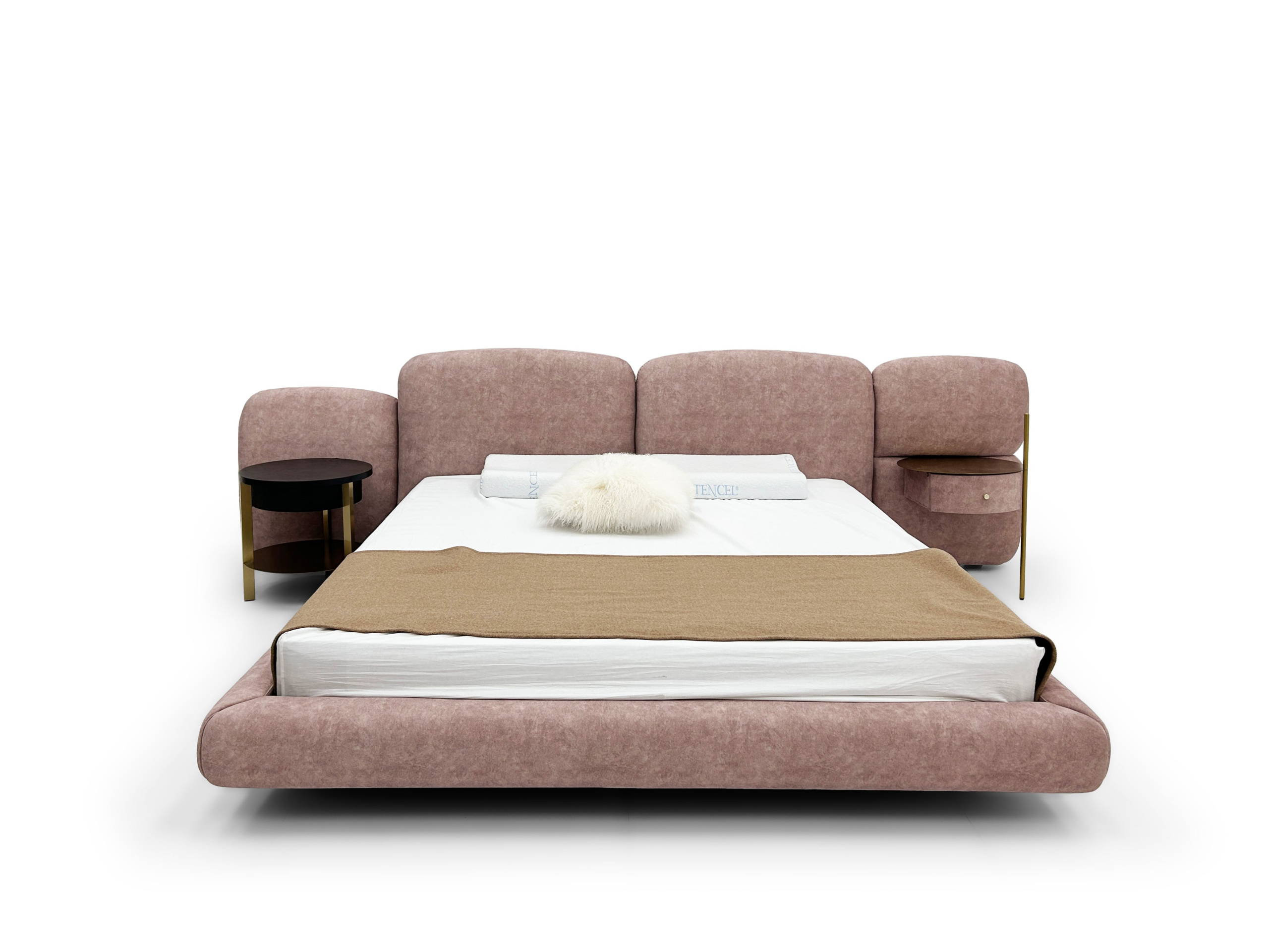 Blush Boucle Bed with Side Tables Integrated Storage Gold-Accent Modern Cozy Design