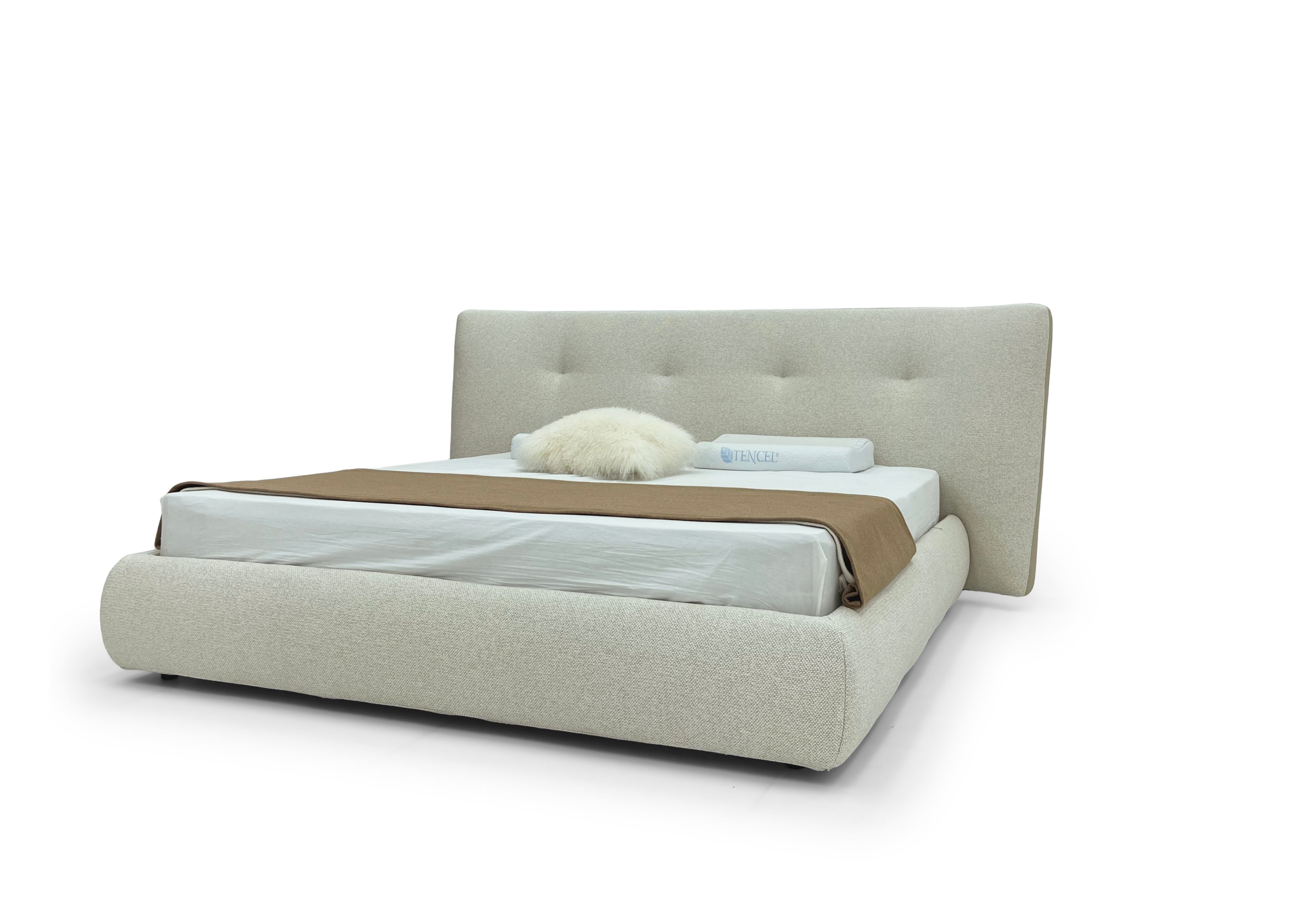 Light Beige Tufted Fabric Bed Curved Base Soft Minimalist Modern Cozy Design