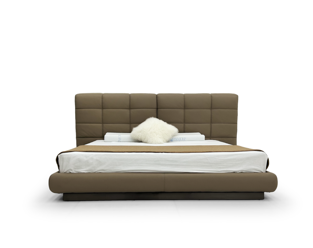 Taupe Leather Bed Grid-Tufted Headboard Curved Base Sleek Modern Luxury Design