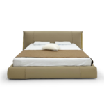 Beige Leather Bed Padded Headboard Low Profile Frame Sleek Modern Cozy Design