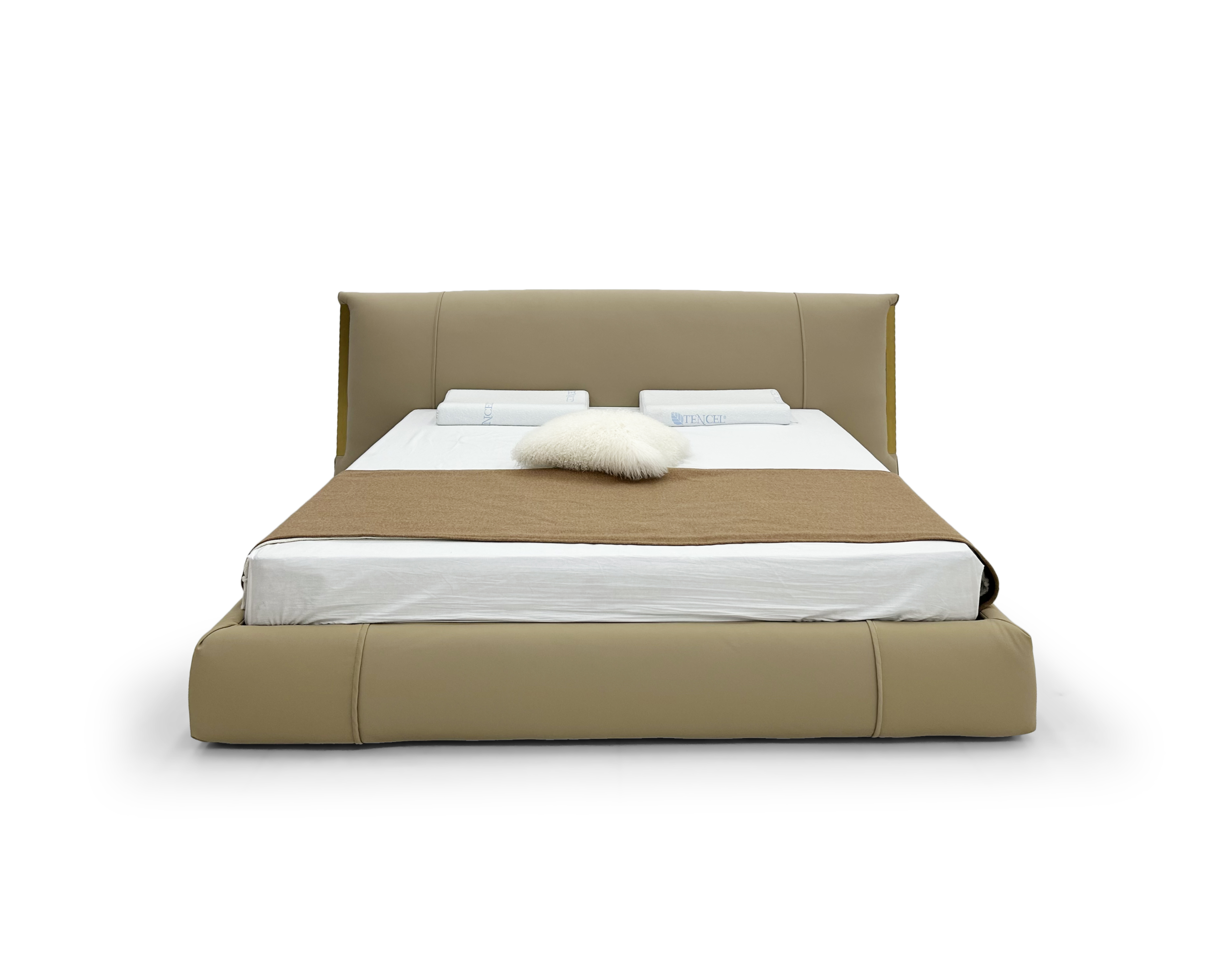 Beige Leather Bed Padded Headboard Low Profile Frame Sleek Modern Cozy Design