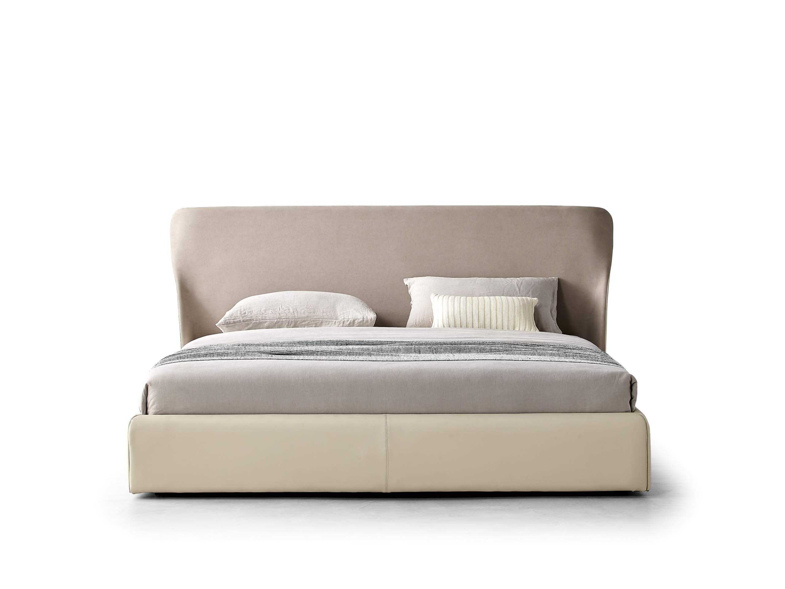 Dual-Tone Leather Bed Curved Headboard Soft Minimalist Modern Elegant Design