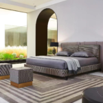 Houndstooth Upholstered Bed Modern Luxe Design with Matching Ottoman Accents