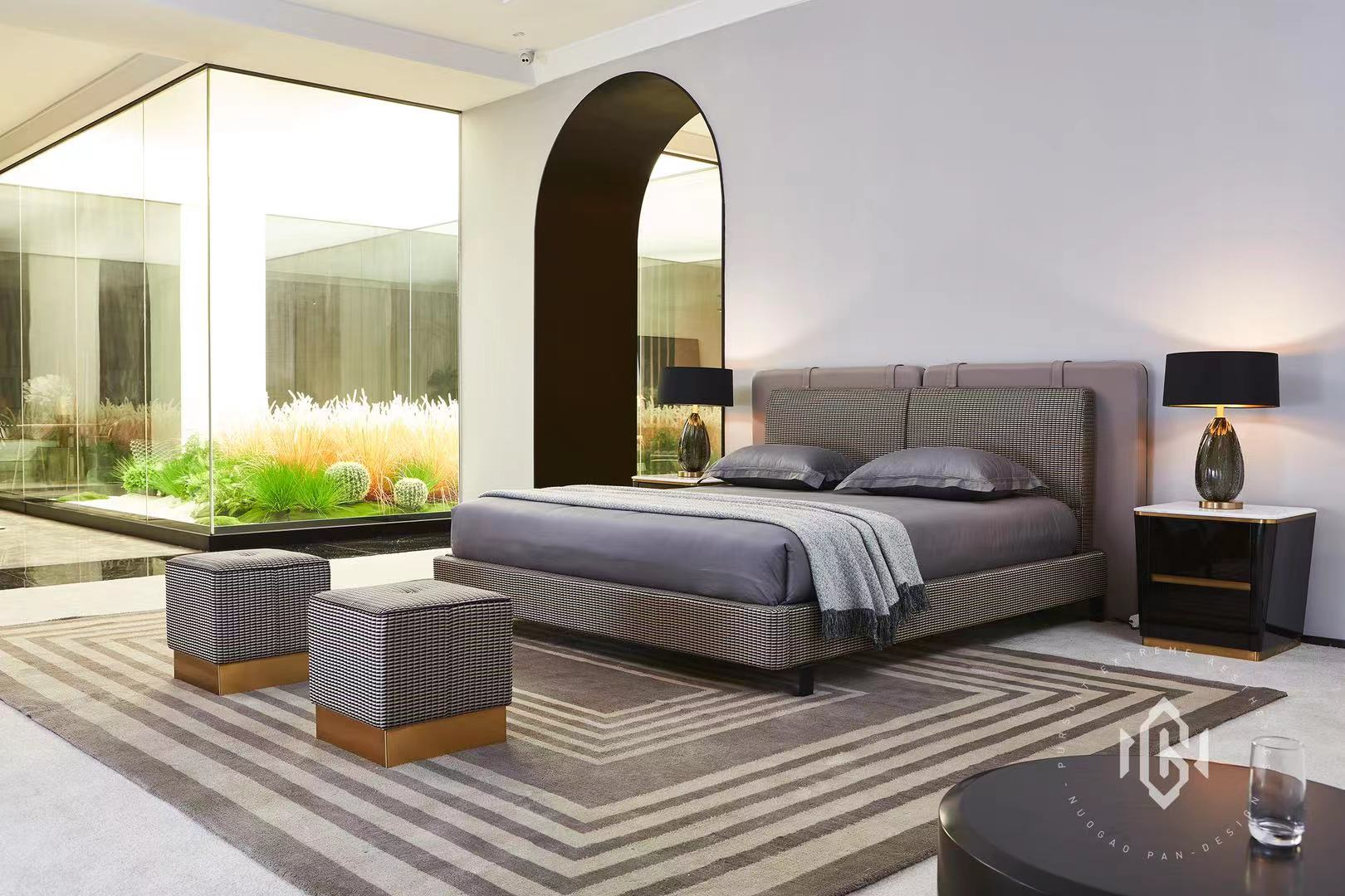 Houndstooth Upholstered Bed Modern Luxe Design with Matching Ottoman Accents