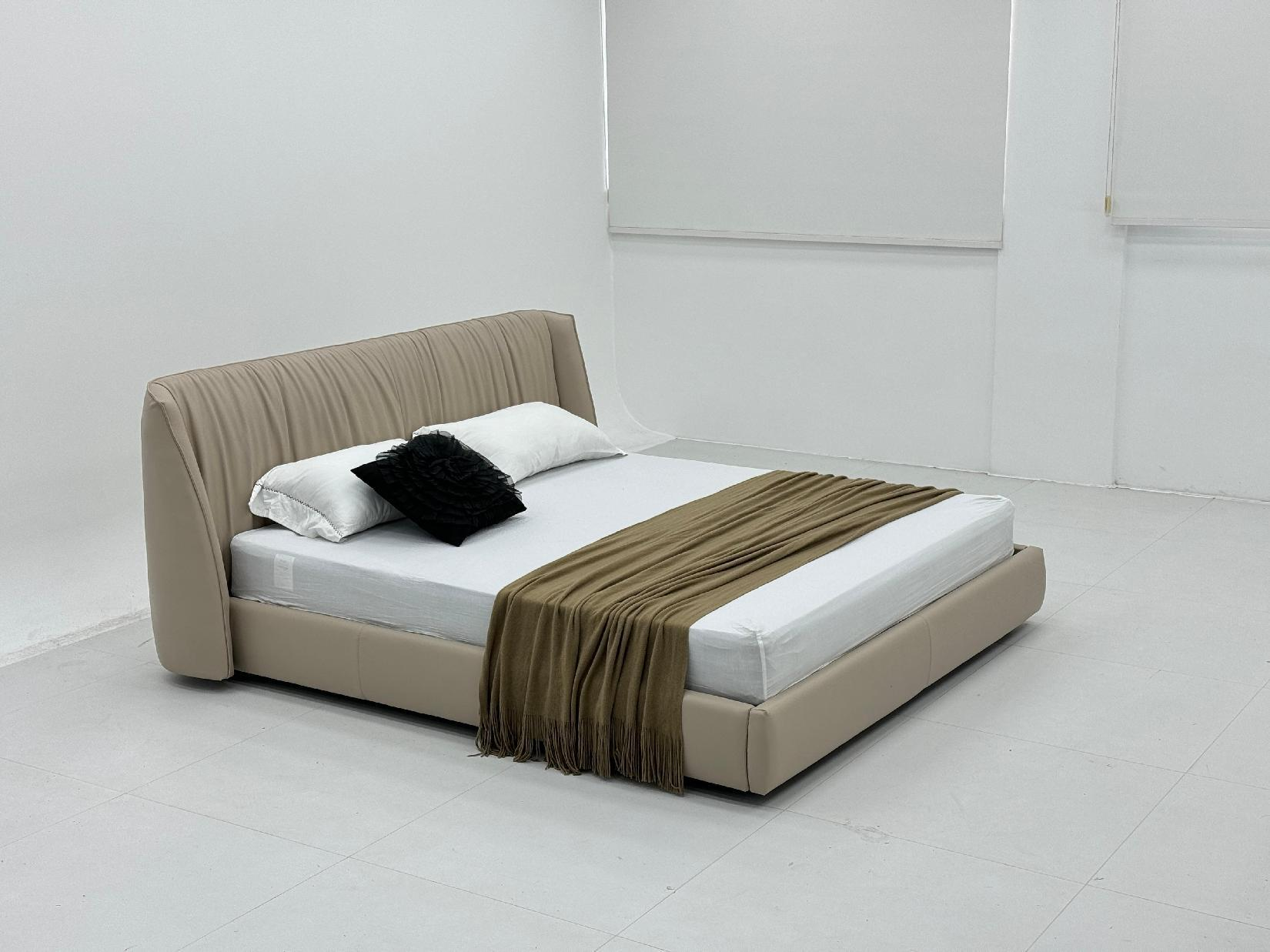 Beige Pleated Leather Bed with Curved Headboard