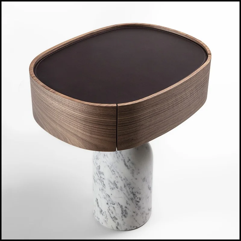 Round Walnut Top Side Table with Marble Base