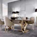 Beige Velvet Upholstered Gold Metal Dining Chair
