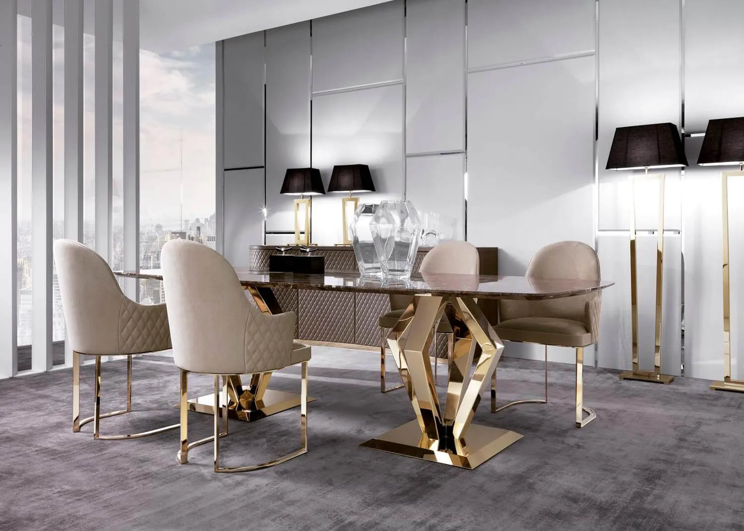 Beige Velvet Upholstered Gold Metal Dining Chair