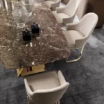 Beige Velvet Upholstered Gold Metal Dining Chair