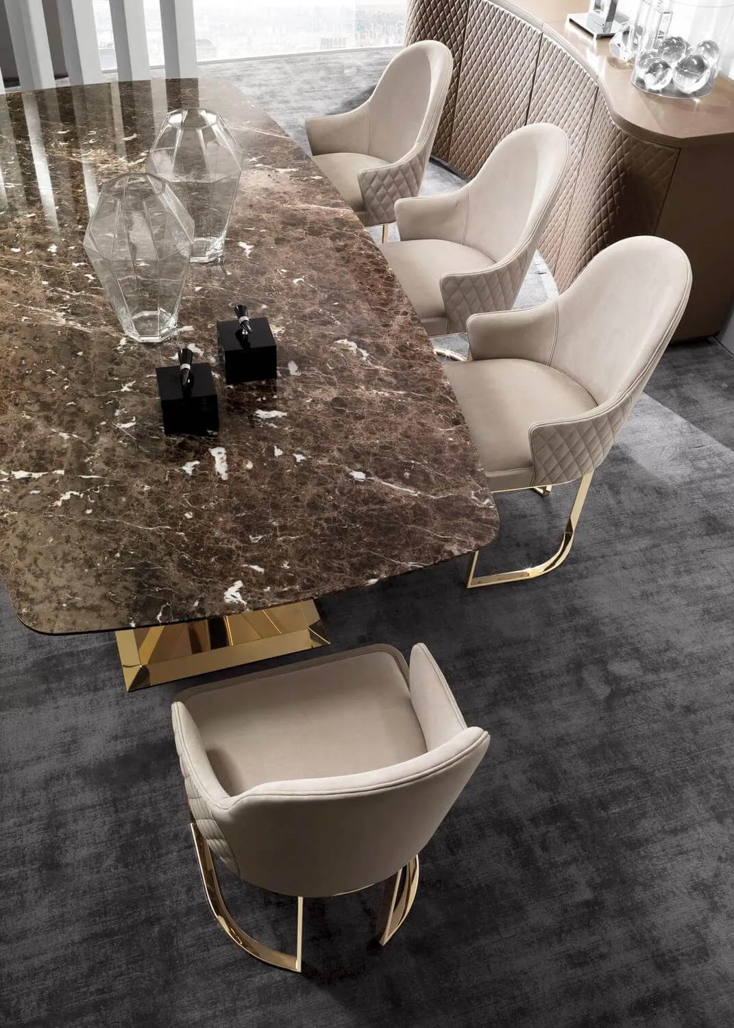 Beige Velvet Upholstered Gold Metal Dining Chair