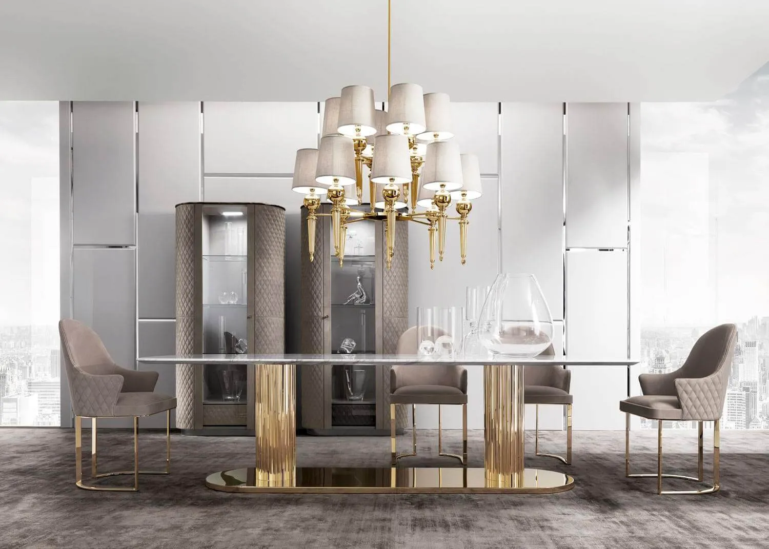 Beige Velvet Upholstered Gold Metal Dining Chair