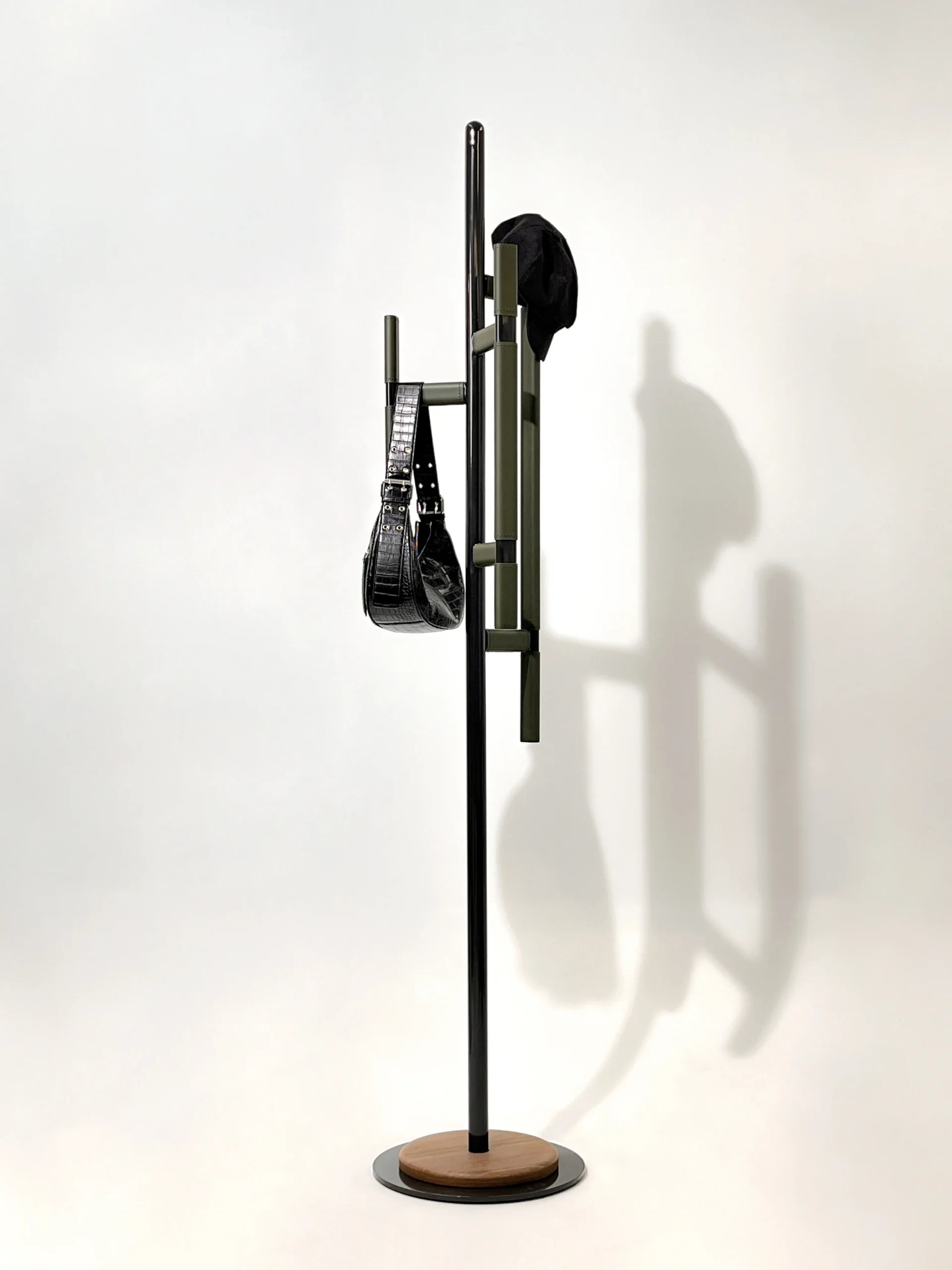 Modern Metal Green Coat Rack with Adjustable Hooks and Wooden Base
