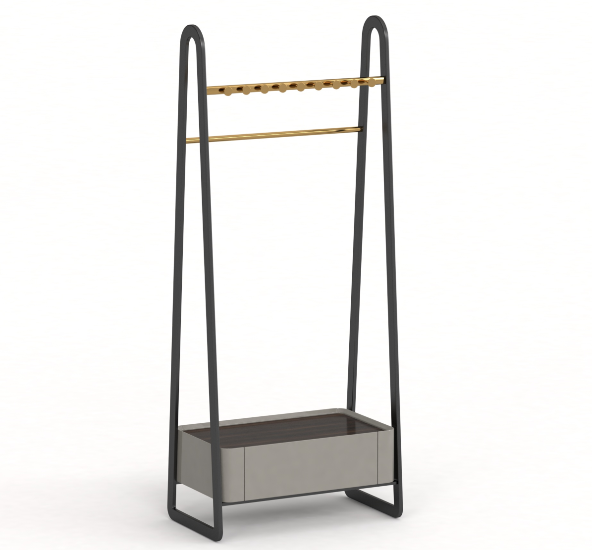 Two Tier Metal Garment Rack with Gold Accents and Storage Drawer